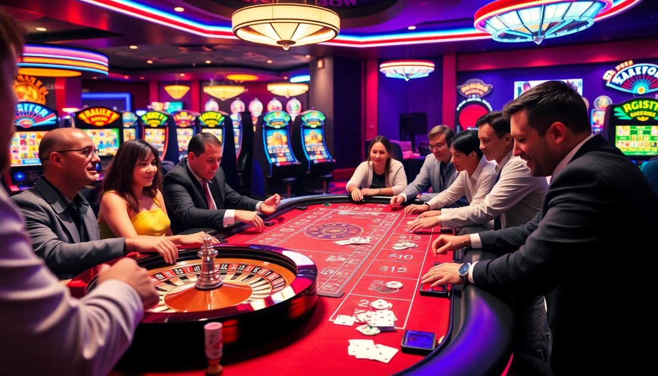 Players enjoying a thrilling game at BK8TH casino, featuring poker chips and a roulette wheel.