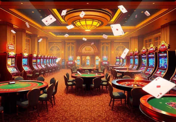 Experience the thrill of 388bet casino with vibrant tables, cards, and slot machines in action.