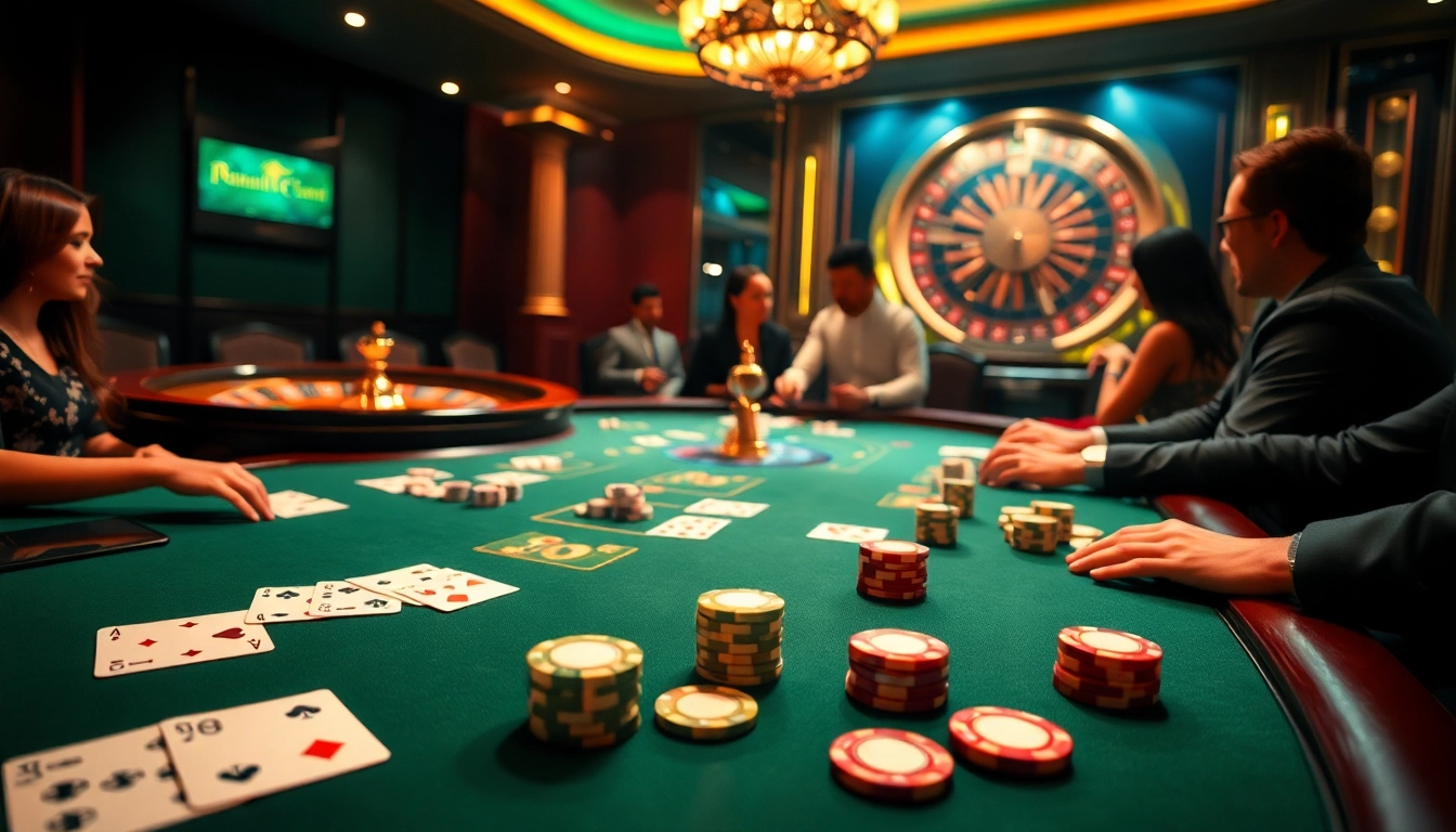 Exciting game bài action at a luxurious casino table with vibrant poker chips.
