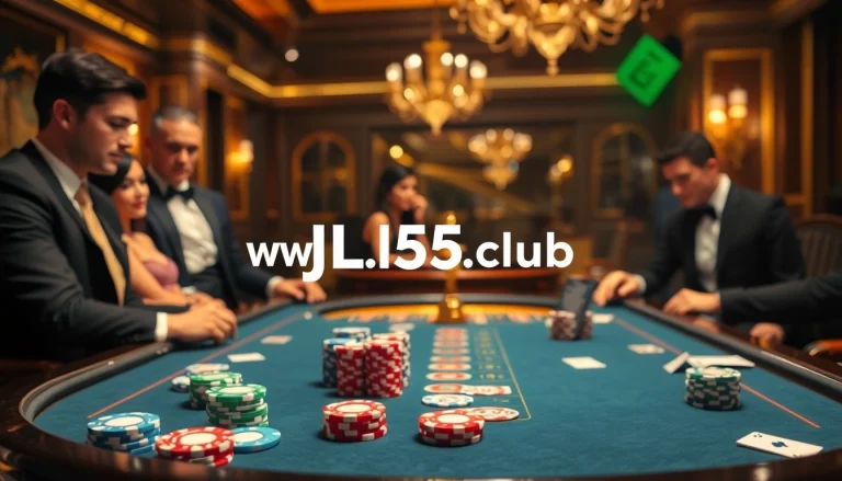 Experience the thrill of high-stakes poker at https://www.jl55.club/, showcasing colorful chips and cards in an elegant casino.
