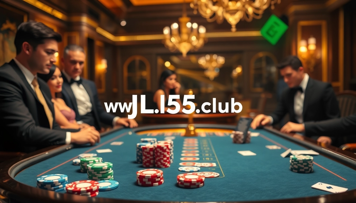 Experience the thrill of high-stakes poker at https://www.jl55.club/, showcasing colorful chips and cards in an elegant casino.