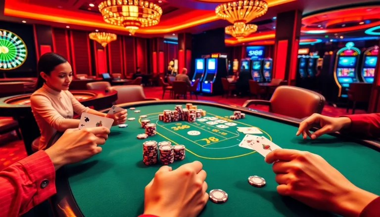 S88 thrilling poker game scene with vibrant chips and cards showcasing excitement and luxury.