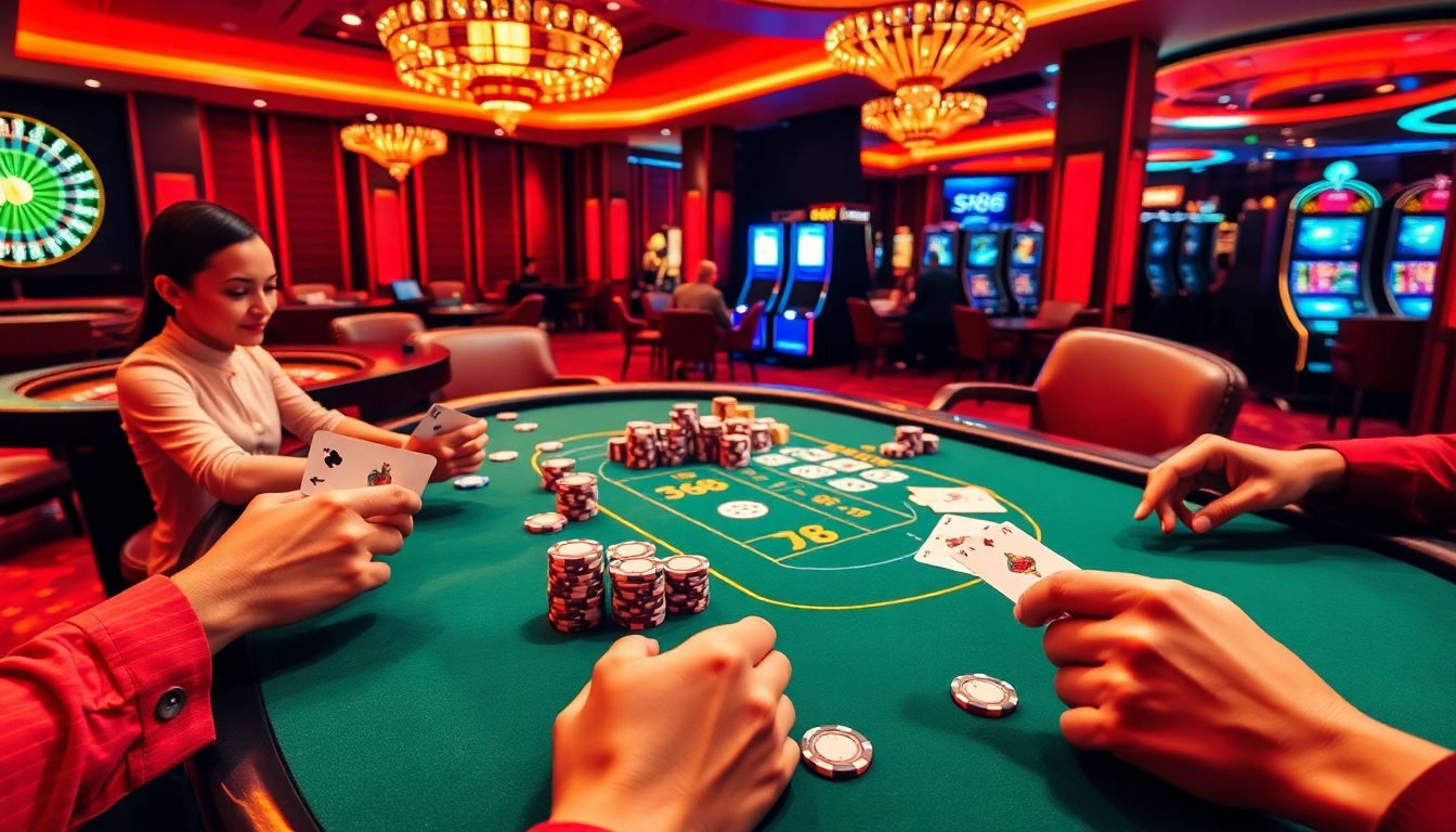 S88 thrilling poker game scene with vibrant chips and cards showcasing excitement and luxury.