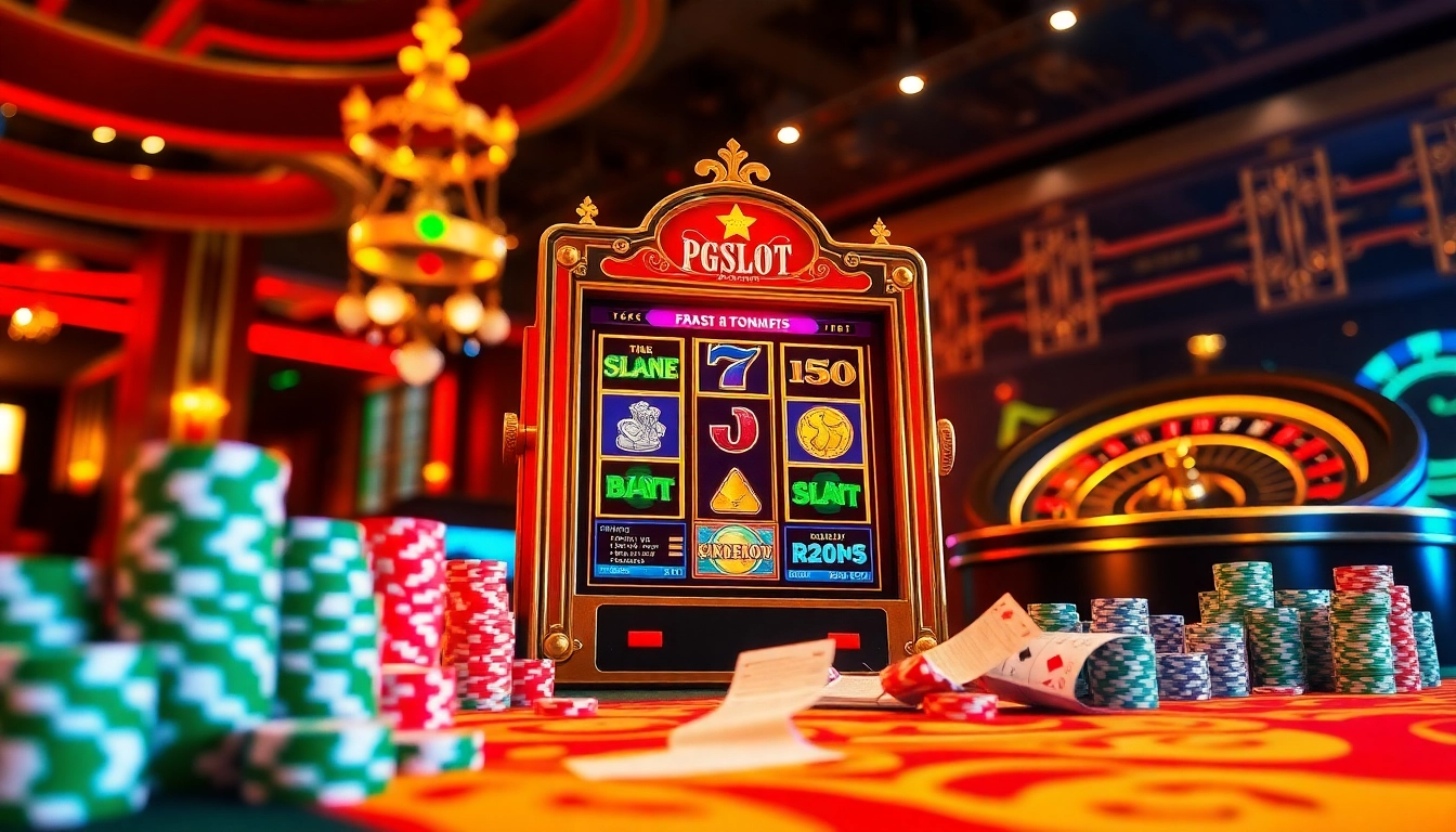 Engaging gamblers with PGSLOT in a vibrant online casino ambiance featuring dynamic slot machines and colorful chips.