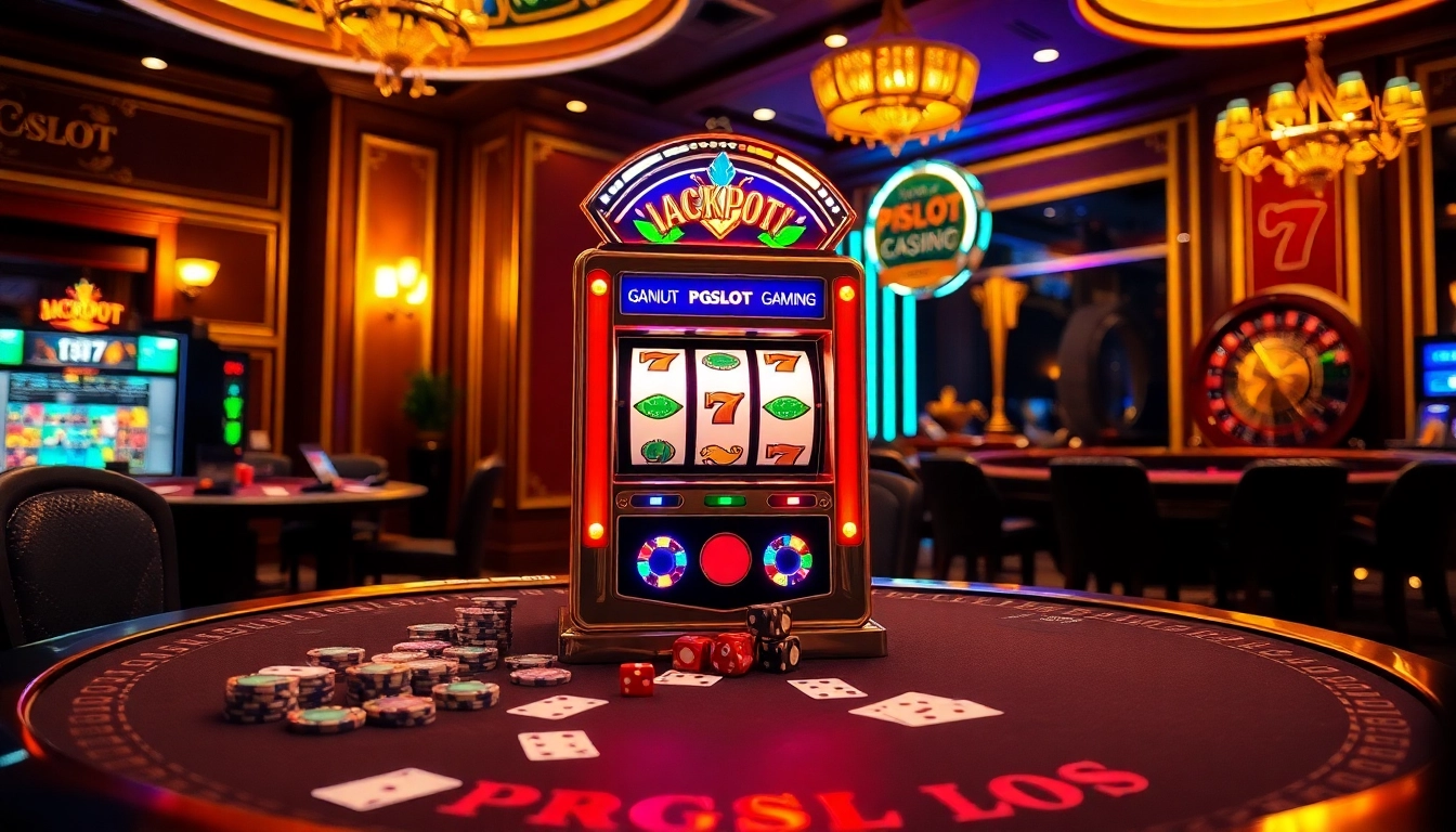 Exciting PGSLOT gaming scene featuring a vibrant slot machine and elegant casino decor.