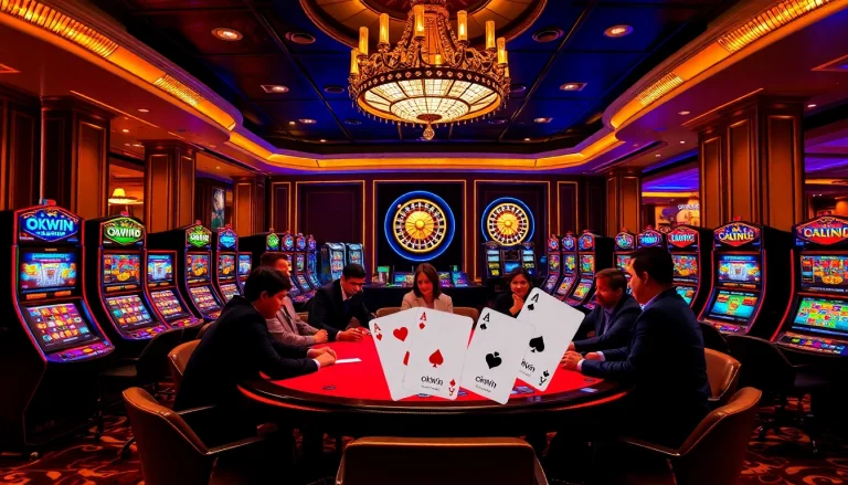 Players winning at a glamorous casino displaying okwin.com branding on poker chips