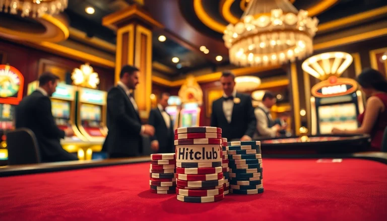 Hitclub gamblers engaged at a luxurious poker table with vibrant chips and neon lights.