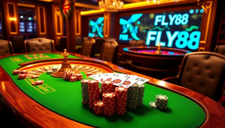 FLY88 gambling table showcasing professional poker chips and vibrant cards.