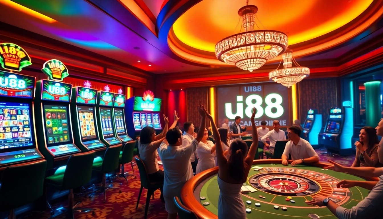Experience the excitement of uu88 at a luxurious casino featuring vibrant slot machines and poker tables.