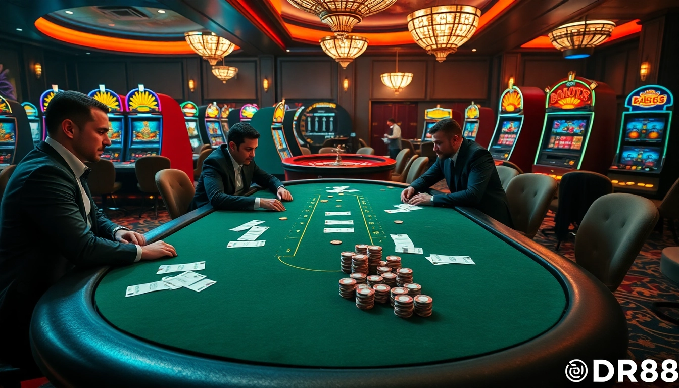 Experience high stakes poker at DR88 Casino amid vibrant slot machines and electric atmosphere.