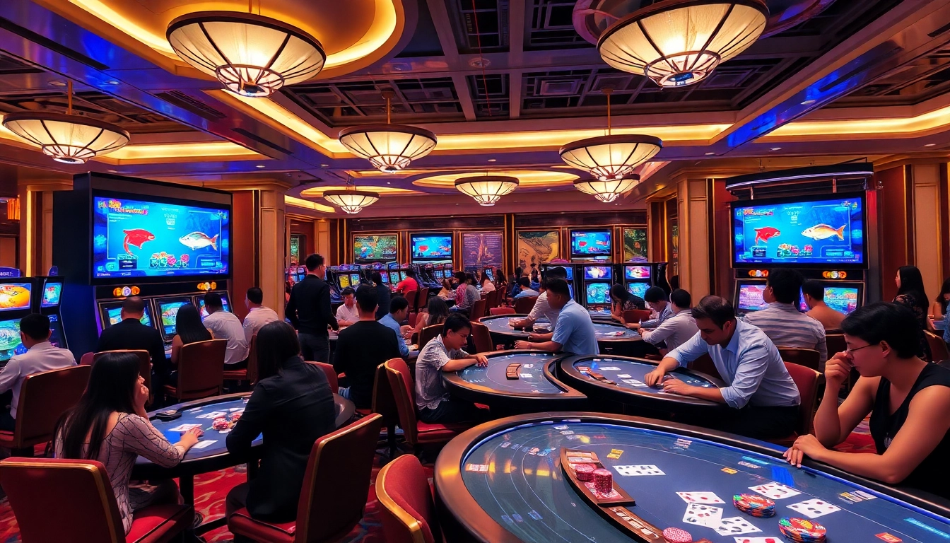 Players enjoying bắn cá in a luxurious casino setting with vibrant gaming screens.