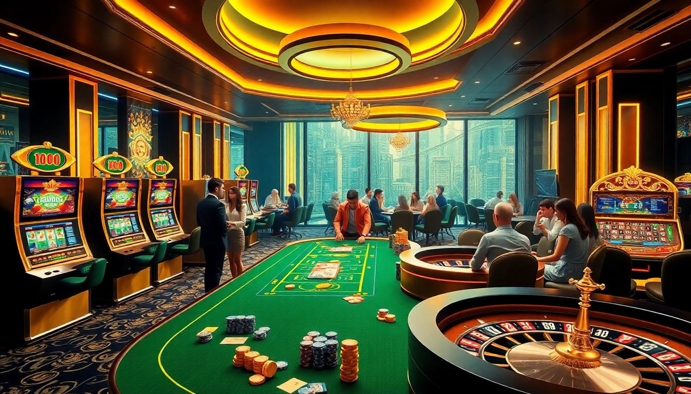 Gamblers enjoying thrilling games at the bk8thai online casino, featuring modern tables and slot machines.
