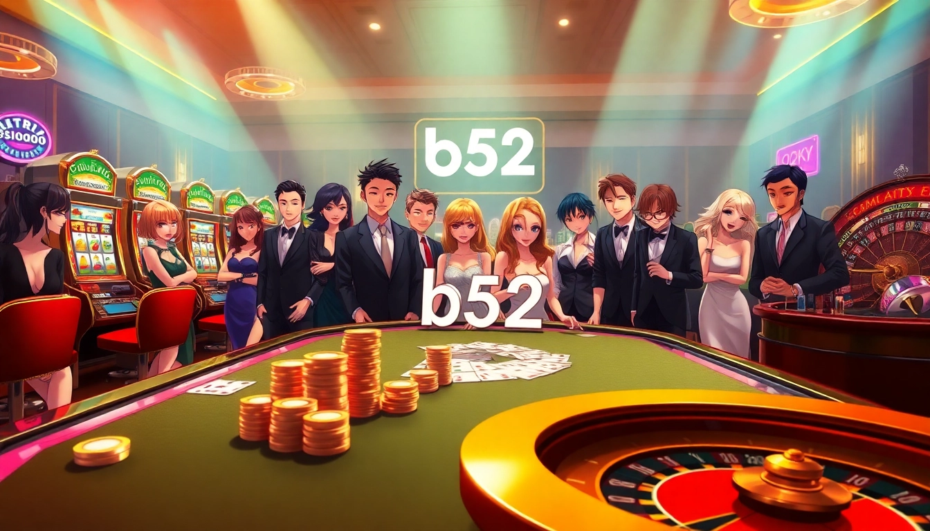 Experience the vibrant excitement of b52 gaming in a luxurious casino setting, showcasing poker tables and slot machines.