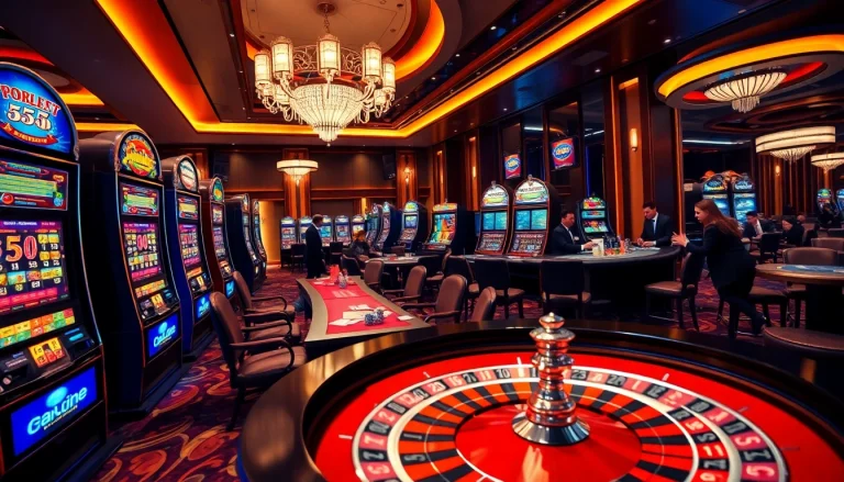 Experience high-stakes gaming action at 555 win casino with vibrant slot machines and excited players.