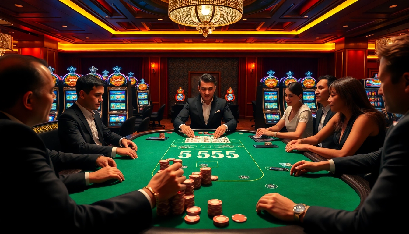 Experience BL555 in a luxurious casino setting with a high-stakes poker game and vibrant slot machines.