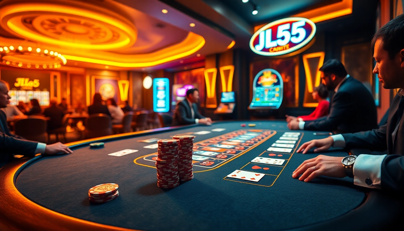 Engage with the thrilling atmosphere of the JL55 casino's blackjack table surrounded by high-stakes players.