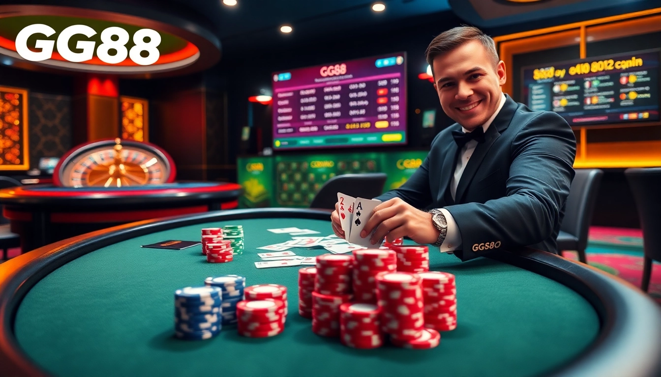 Experience the excitement of GG88 at a vibrant online casino with poker chips and a roulette wheel.