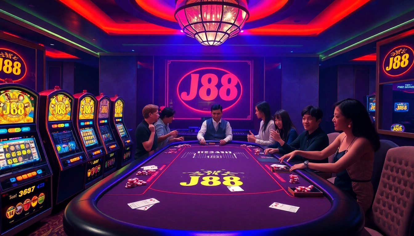 Players engaging in high-stakes gambling at a luxurious J88-themed casino table.