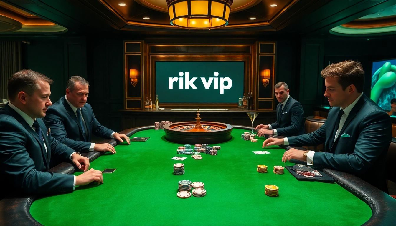 High-stakes poker at an elegant casino table featuring rik vip branding and colorful chips.