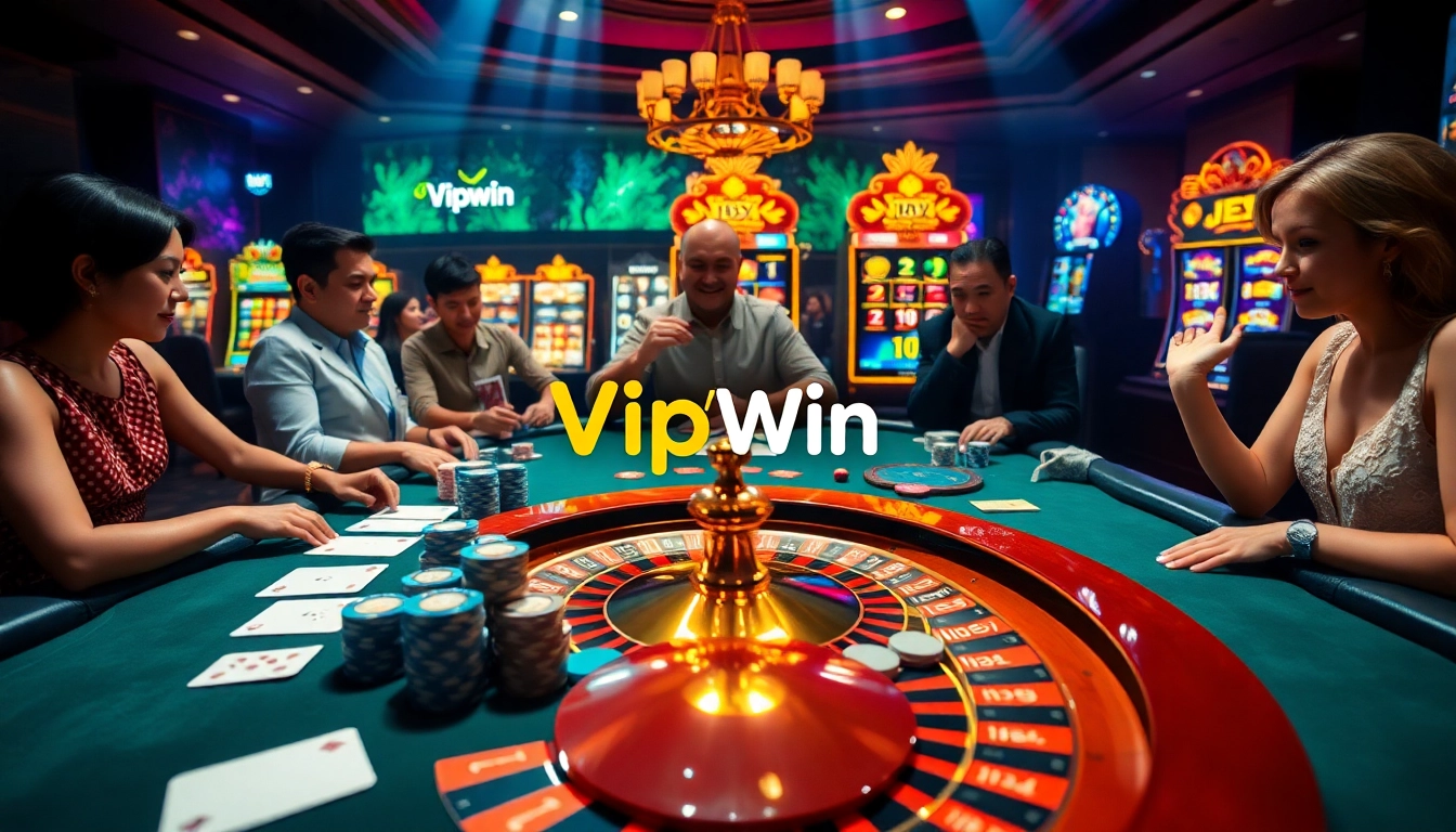 Players enjoying a thrilling VIPWin casino experience with poker and roulette games.