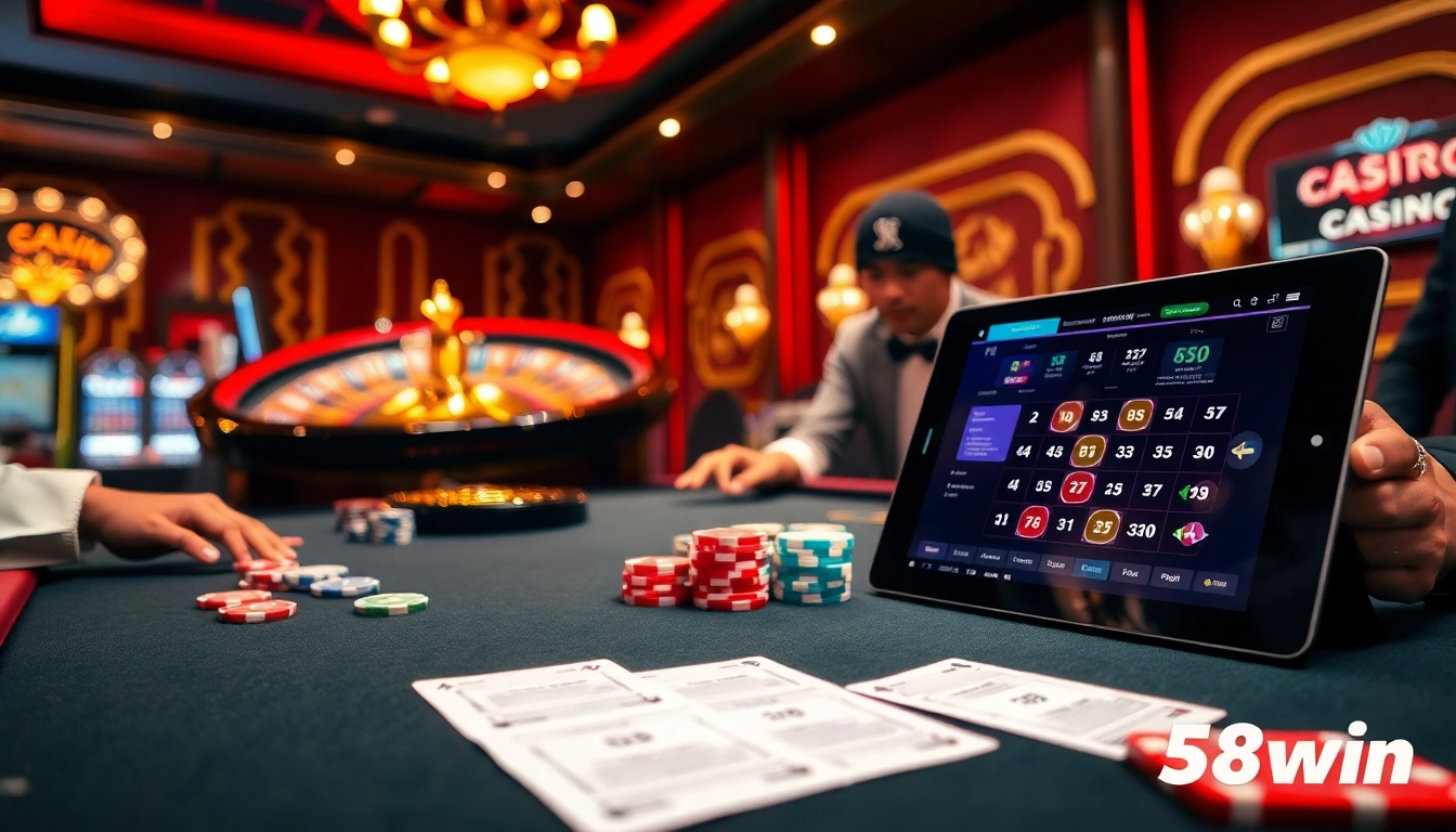 Experience high-stakes gambling action at 58win casino with poker chips and cards on the table.