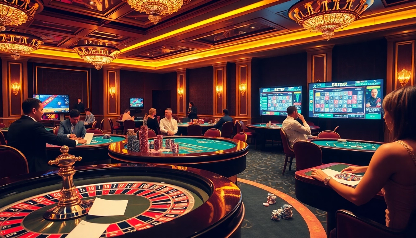 Người chơi phấn khích tham gia các trò chơi cược cao tại một casino sang trọng với chủ đề BetVIP.