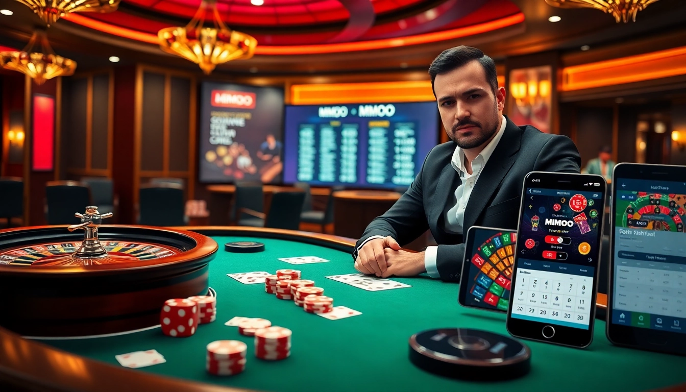 Gambler winning big at poker with MMOO app displayed, luxury casino ambiance.