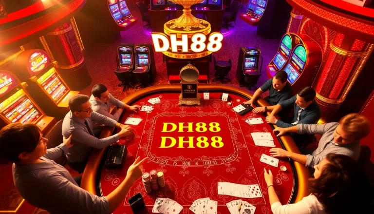 The excitement of betting at a DH88-themed casino table filled with colorful poker chips and cards.