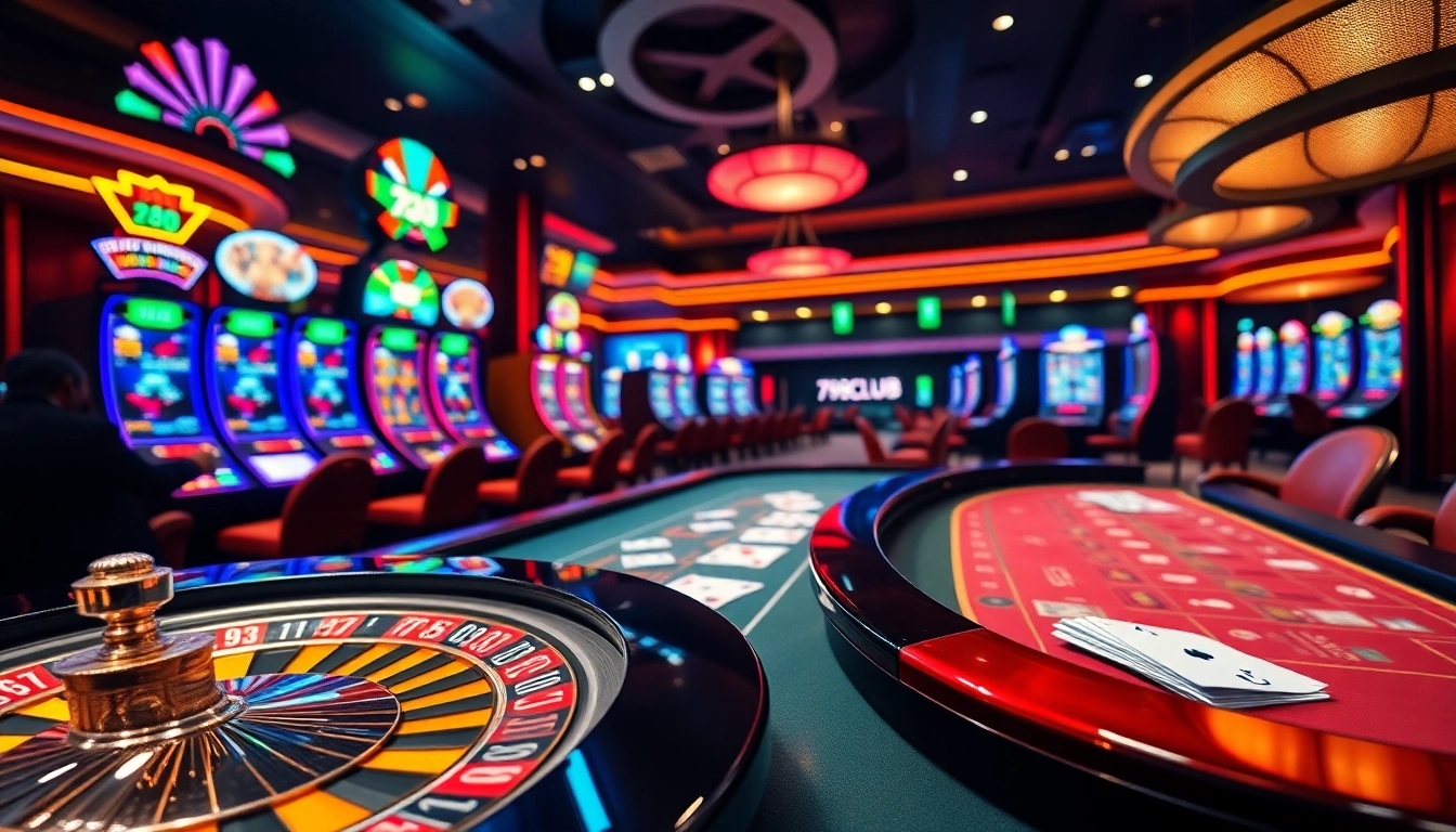 Exciting gaming scene at 789CLUB featuring poker and roulette action with vibrant casino elements.