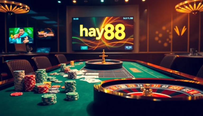 Experience thrilling gameplay at hay88's luxurious casino tables featuring poker chips and roulette wheels.