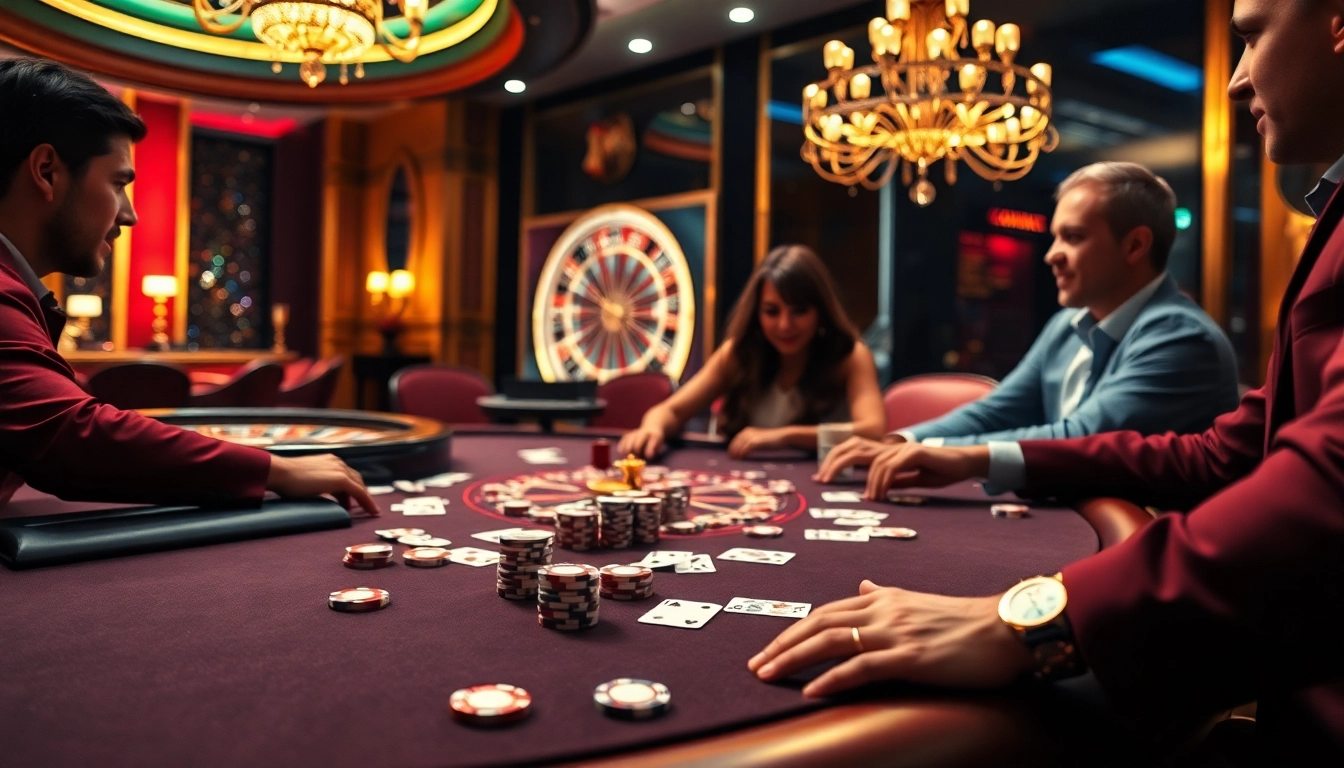 Players at a stunning poker table enjoying a thrilling game at XX88 casino backdrop, showcasing luxury and excitement.
