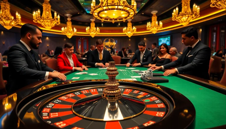 Engaged players betting on a TR88 poker table amidst a luxurious casino setting.