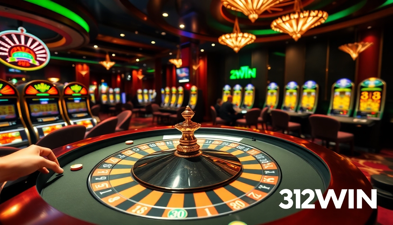 32WIN casino scene showcasing excitement at a roulette table with chips and vibrant slot machines.