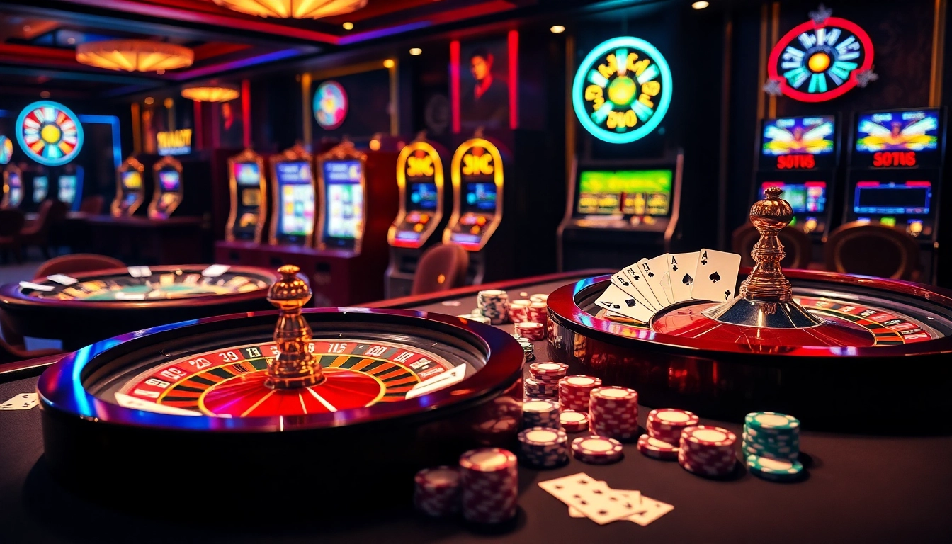 Engage with the thrilling game bài đổi thưởng experience at a luxurious casino table featuring cards and roulette.