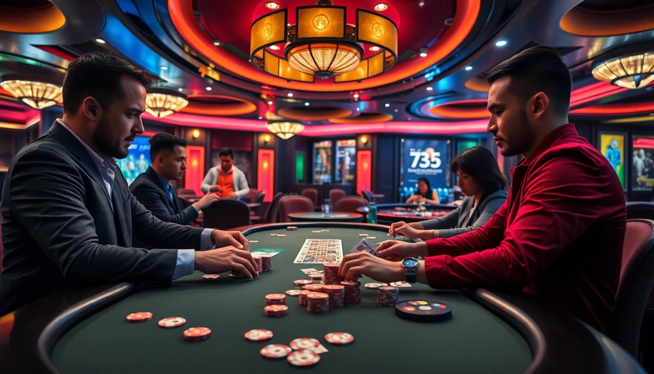 Join the high-stakes action at king33 with poker players strategizing over chips and cards.