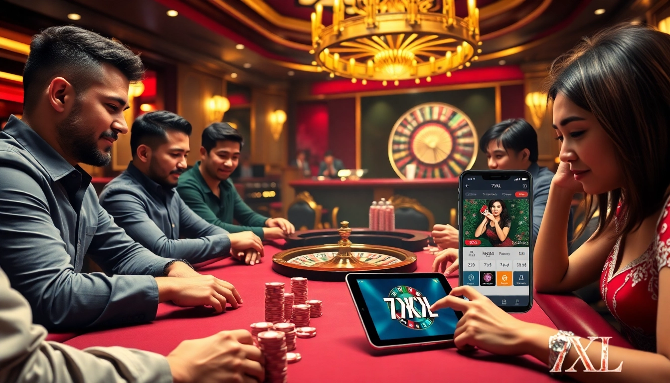 התרגשות מהורדת 7XL עם שחקנים סביב שולחן פוקר יוקרתי בקזינו תוסס.