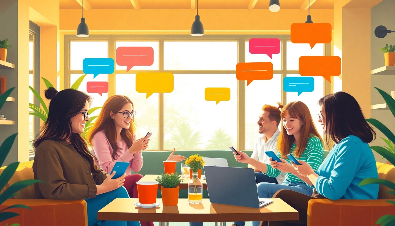 مشهد تفاعلي لشباب متنوعين يستمتعون بشات فله على الهواتف الذكية في مقهى مريح، مع فقاعات دردشة ملونة.