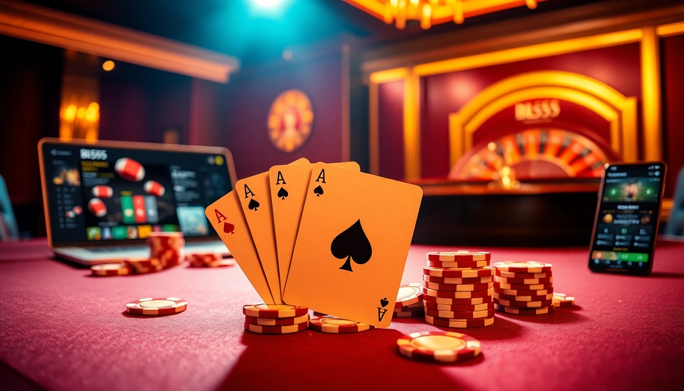 Engaging gamblers with high-stakes poker at Bl555, featuring vibrant roulette wheel and poker chips.