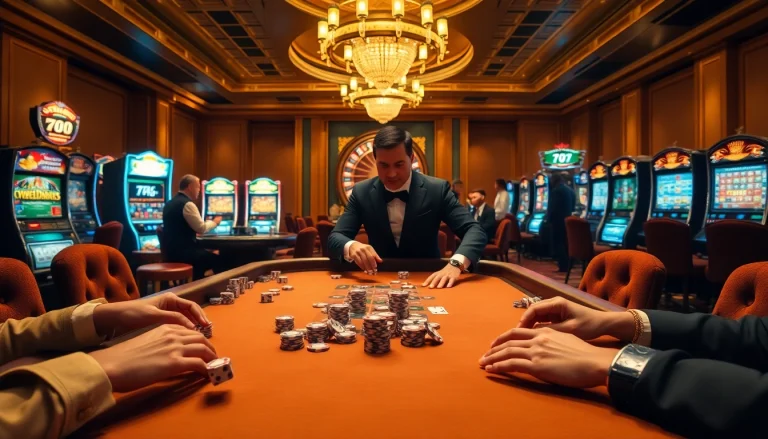 Excited players enjoying high-stakes poker at 79king casino with vibrant gaming atmosphere.