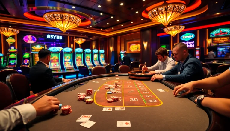 Experience the thrill of gambling at 13win with an upscale poker game showcasing vibrant chips and cards.