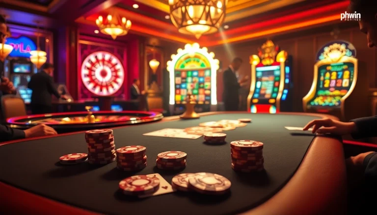 Experience thrilling gameplay at phwin casino with vibrant poker and roulette tables.