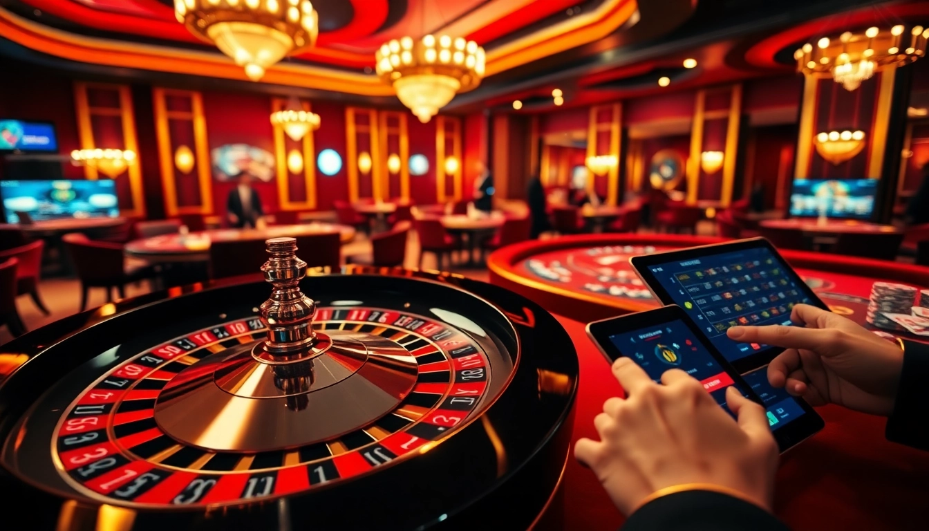 Experience thrilling wins with Luckywin at an upscale casino table surrounded by games and virtual betting.