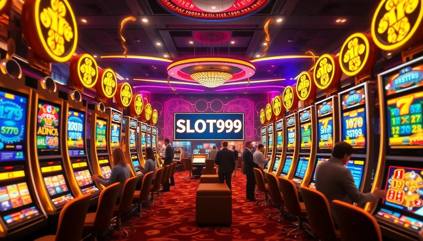 Players enjoying thrilling slots at SLOT99, surrounded by vibrant colors and luxurious casino design.