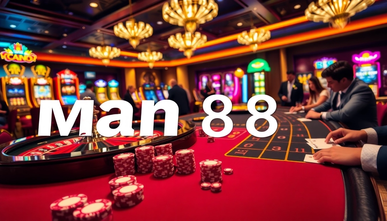 Man 88 casino scene featuring elegant poker activity and vibrant gaming atmosphere.