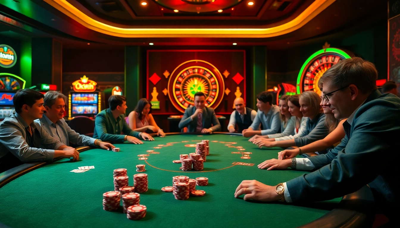 Experience the thrill of gambling at okwin with stunning visuals of a vibrant casino scene filled with poker action.