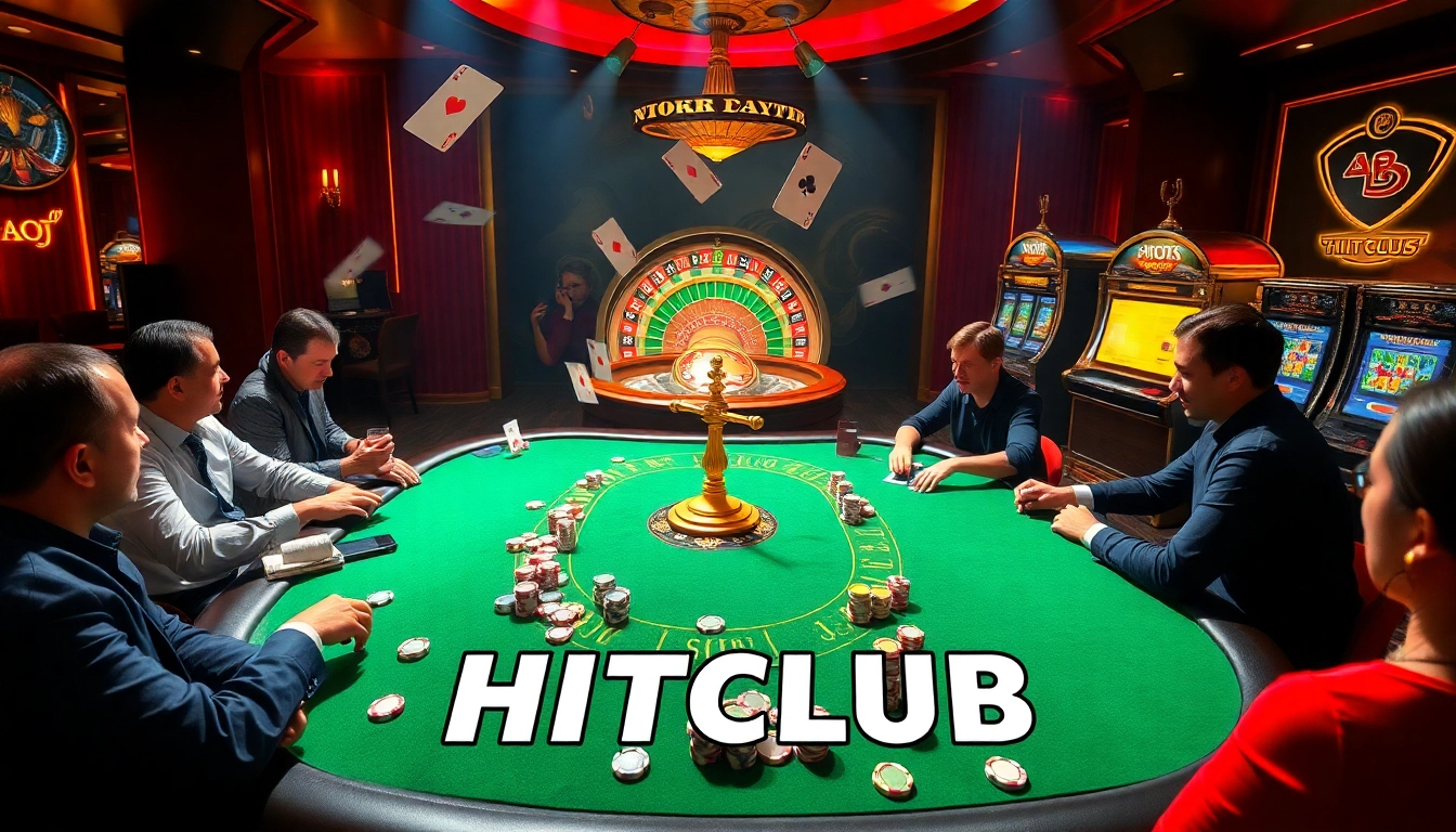 Players enjoying an exciting poker game at HITCLUB casino, surrounded by vibrant slots and roulette.