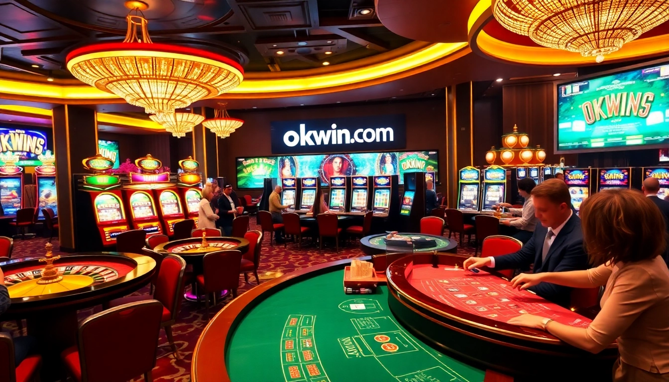 Experience the excitement of gaming at okwin.com with luxurious casino visuals showcasing vibrant gambling action.