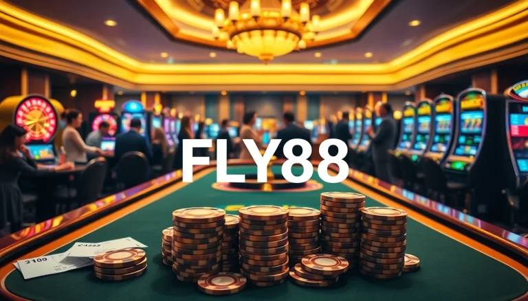 Experience the thrill of FLY88 with vibrant casino visuals featuring poker tables and slot machines.