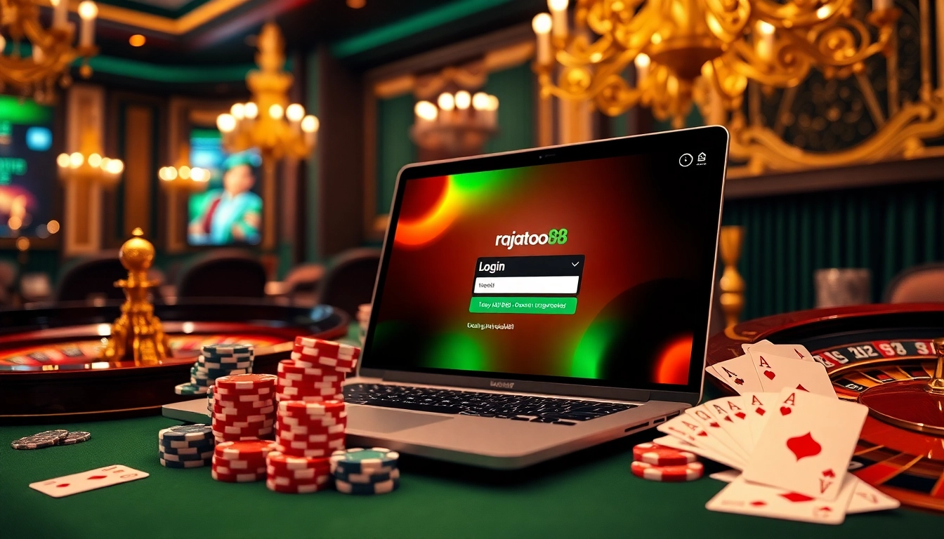 Engage in thrilling online gaming with seamless login rajatoto88 access on a laptop surrounded by casino elements.