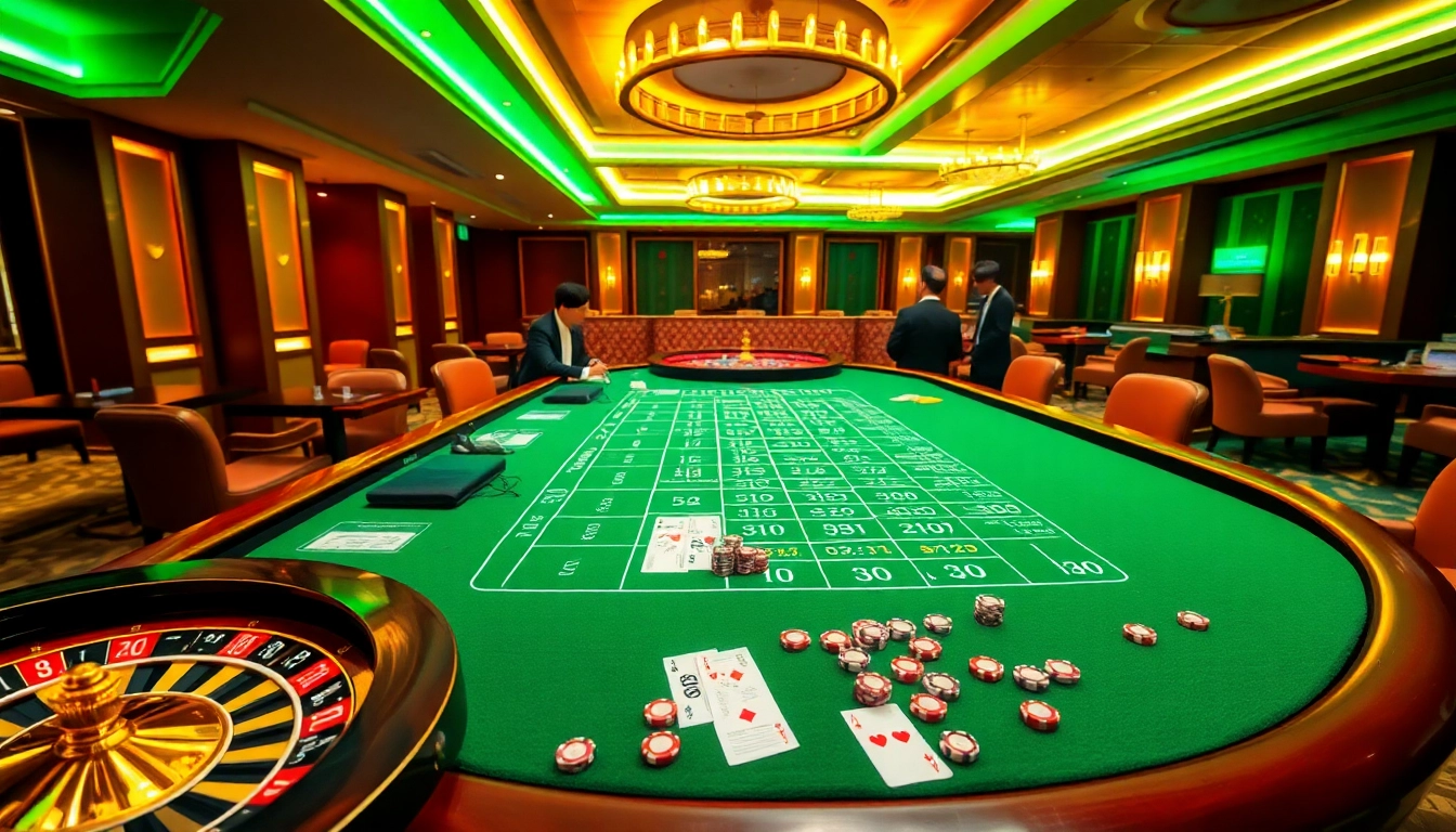 A lively betting scene showcasing kèo bóng đá with gamblers at the table, poker chips, and sports slips.